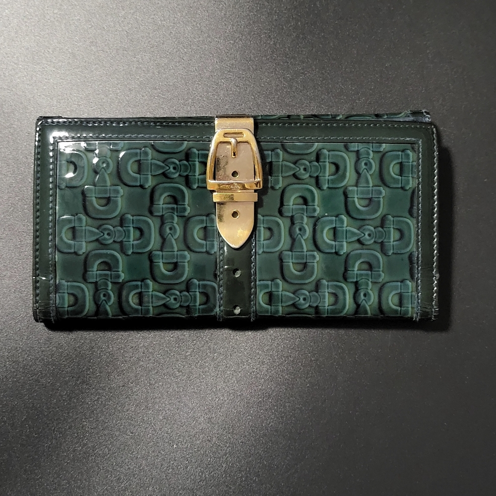 Gucci Vintage Authentic Bifold Long Wallet Buckle Monogram GREEN
